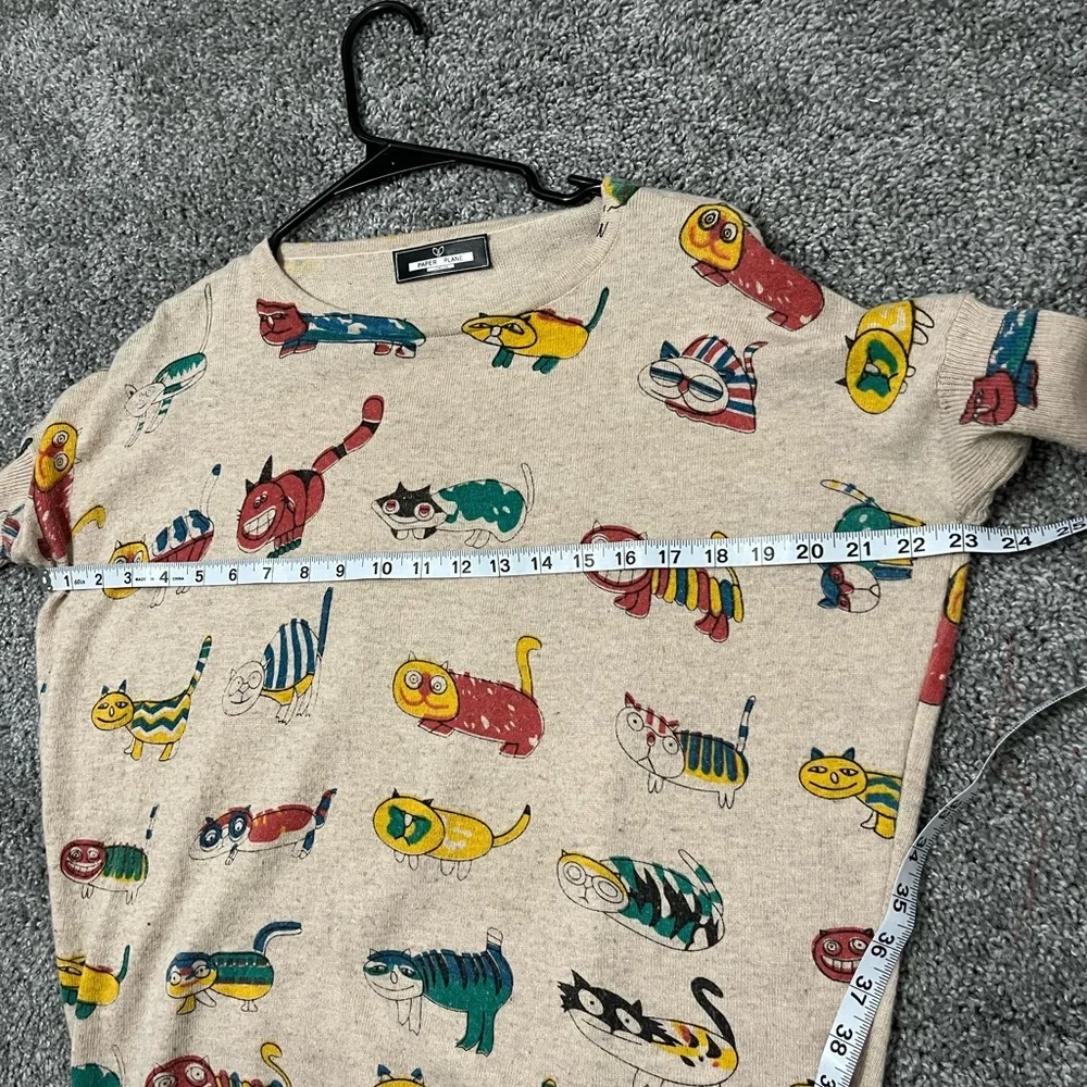 Whimsical Cat Print Crewneck Sweater - Beige - Picture 9 of 10